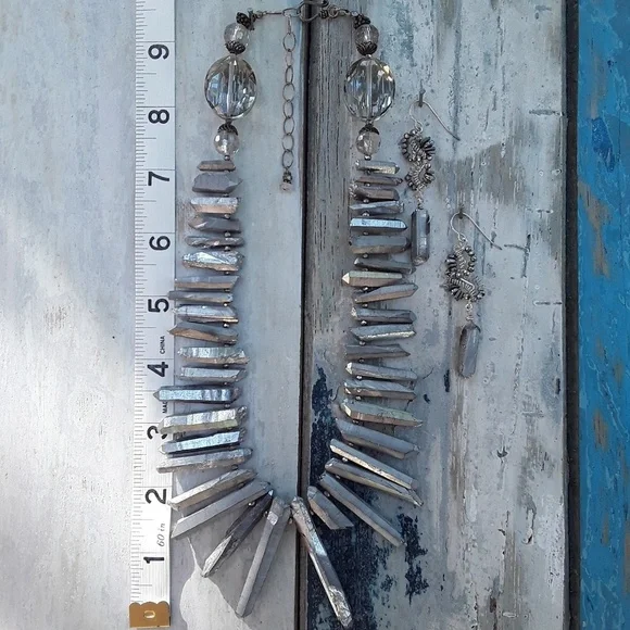 Silver/Gray Pyrite Necklace and Earrings - Picture 2 of 4